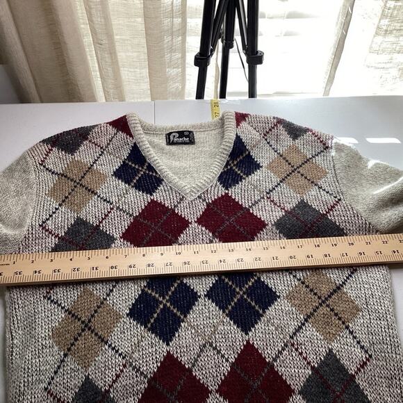 Panache Vintage 80s 90s Shetland Wool Diamond Print VNeck Sweater Sz L Academia - Picture 6 of 8